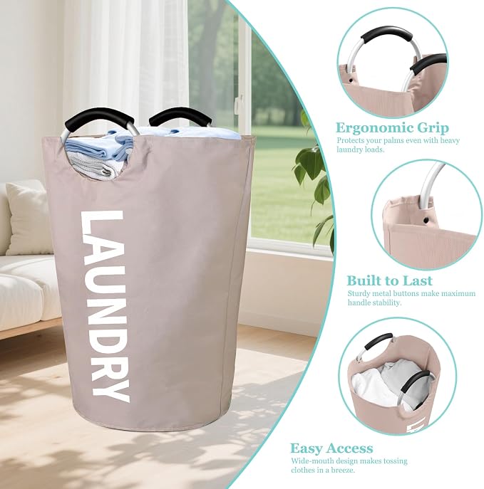 WOOHA 125L Large laundry basket,Collapsible laundry hamper, Tall Clothes Baskets Folding Washing Bin Foldable Fabric Hamper Bags for Bedroom, Closet,Bathroom,College,laundry bag,khaki - Image 7