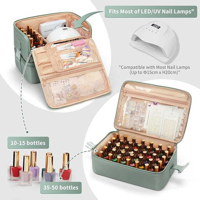 OCHEAL Nail Polish Organizer, Holds Nail Lamp and 45+ Bottles,3 Usage Modes Detachable Nail Storage Bag Travel Nail Tech Case Holds Nail Kit Stuff Manicure Tools -Green - Image 3