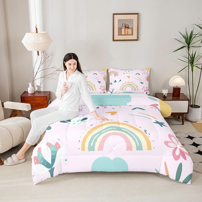 Erosebridal Rainbow Full Bedding Sets for Girls 3 Pcs, Cute Flowers Comforter Set Cartoon Rainbow Ripple Quilt, Colorful Kawaii Cloud Duvet Insert for Kids Boys Children Women Bedroom Decor, Pink - Image 2