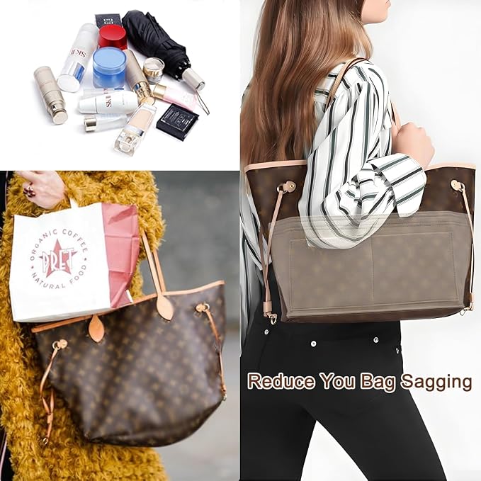 Tote Bag Organizer Insert with Base Shaper, Felt Neverfull MM Organizer, Purse Organizer Insert with Zipper Pocket and Bottle Holder, Fits Speedy 30 Neverfull MM Tote Handbags and More,Beige-L - Image 4