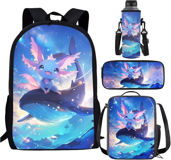Blue Axolotl Backpack and Lunch Bag Set for Girls 6-8/5-7 Killer Whale Elementary School Bookbag for 1st Grade Galaxy Preschool Back Pack Lunch Box Pencil Case Water Bottle Holder 4 in 1 by SCRAWLGODDreamWardrobe