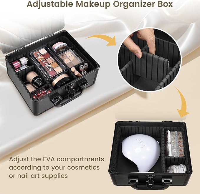 Faquenc Makeup Case with Lighted Vanity Mirror, Makeup Organizer Box Travel Make up Case with LED Mirror Portable Cosmetic Train Case for Countertop Lockable Makeup Suitcase with Adjustable Dividers - Image 6