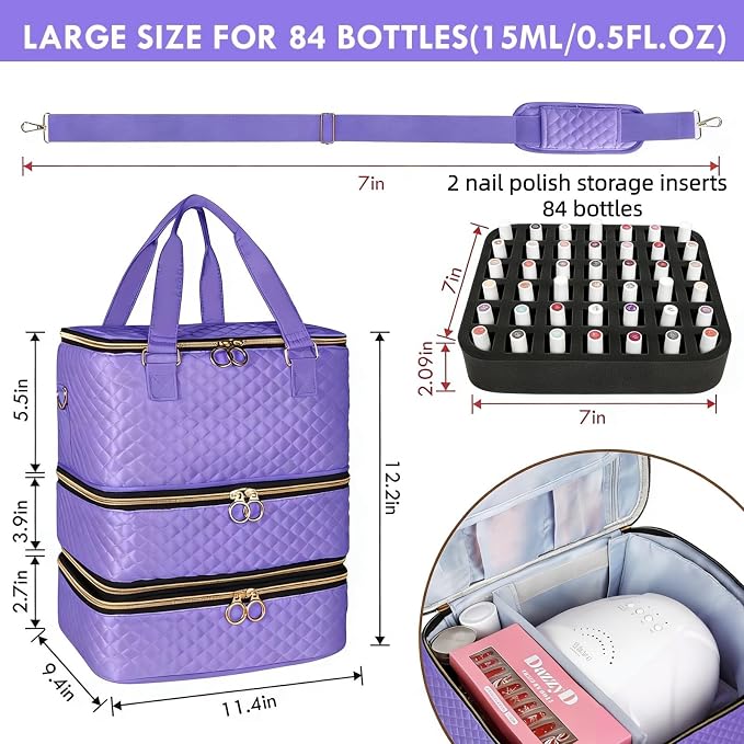 Nail Polish Organizer Bag Hold 84 Bottles(15ml/0.5 fl.oz), 3 Layers Nail Kit Supplies Organizer Bag Travel, Nail Organizers and Storage Case with Holder & Shoulder Strap, Purple - Image 4