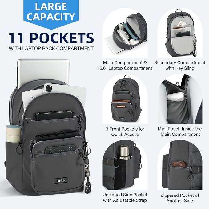 HanTrip Carry On Travel Backpack For Women, 18 Inch Water Resistant Large Backpack Lightweight Bookbag For Men, 8x14x18 Personal Item Bag Casual Daypack Backpacks For Work Office Commuter (Dark Gray) - Image 3