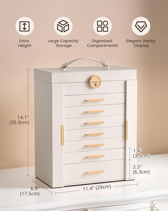 Lolalet Large Jewelry Box Organizer for Women, 8-Layer Jewelry Organizers and Storage Case with Mirror & 7 Drawers, Lockable Watch Ring Earring Bracelet Necklace Holder Girls Gift -8Layer, Beige - Image 3