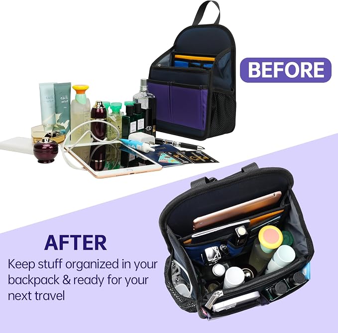 Mini Premium Rugged Backpack Purse Organizer Insert for Women Fashion Small Backpack-19 Pockets,Padded Water-repellent Nylon-Purple - Image 8