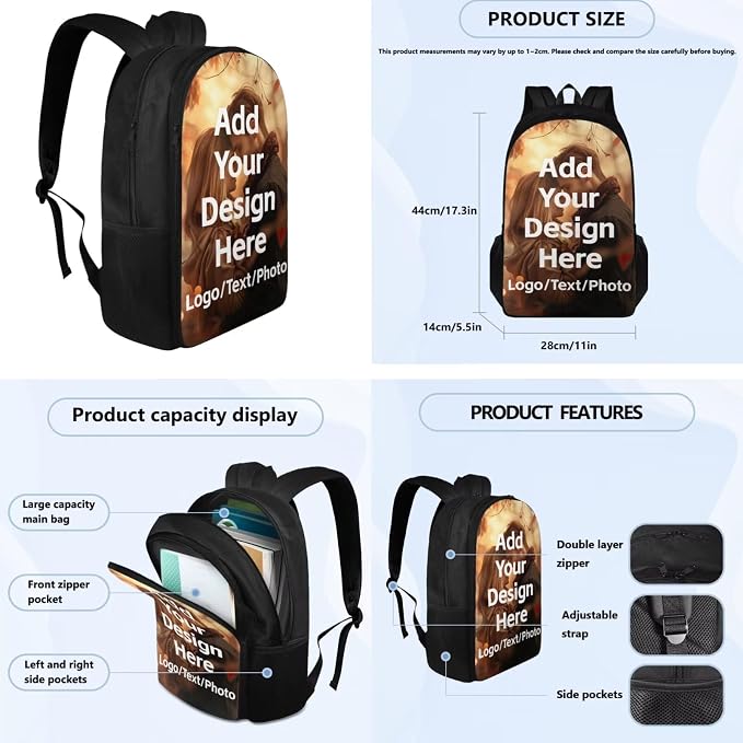 Customized Backpack for Girls Boys Backpack with Lunch Box Water Bottle Holder with Strap and Zipper Pencil Case 4PCS Set Bookbag with Compartments for School Teens 17 inch Sturdy School Bag - Image 4