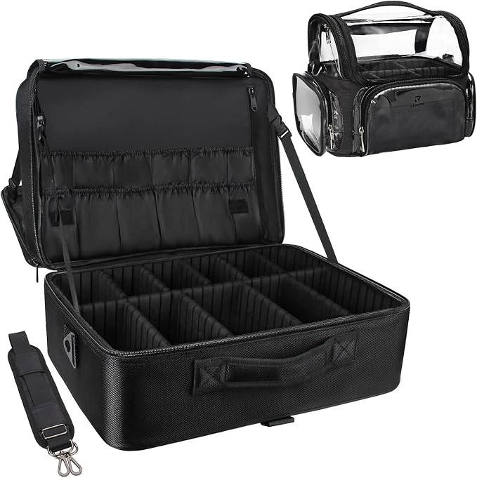 Relavel Extra Large Makeup Case and Makeup Brush Holder Bag, Professional Makeup Organizer, Large Capacity with Adjustable Dividers and Shoulder Strap (Black) by Relavel