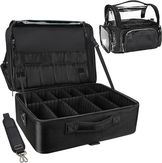 Relavel Extra Large Makeup Case and Makeup Brush Holder Bag, Professional Makeup Organizer, Large Capacity with Adjustable Dividers and Shoulder Strap (Black) by Relavel