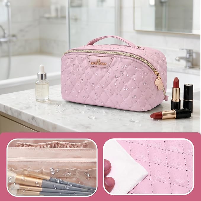 Travel Makeup Bags Cosmetic Organizer: 3Pcs Set Puffy Make up Bag for Women | Pink Premium Quilted ELEGANCE Design | Large Capacity Leather Toiletry Bags | Wide Open Compact Case for Travel Essentials - Image 2