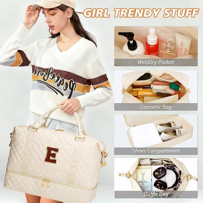 Graduation Gift for Her Women Gift-Birthday Gifts Initial Travel Duffle Bag Quilted Weekender Bags Carry-On Overnight with Cosmetic Bag, Gym Bag with Shoe Compartment, Beige-E - Image 5