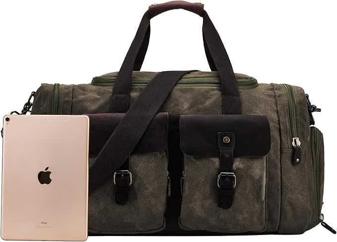 Waxed Canvas Duffel Bag with Shoe Compartment | Waxed Canvas Travel Bag for Men, Genuine Leather Trim, Shoe Compartment, Front Pockets, Weekend, Overnight and Carry-On Use - Image 5
