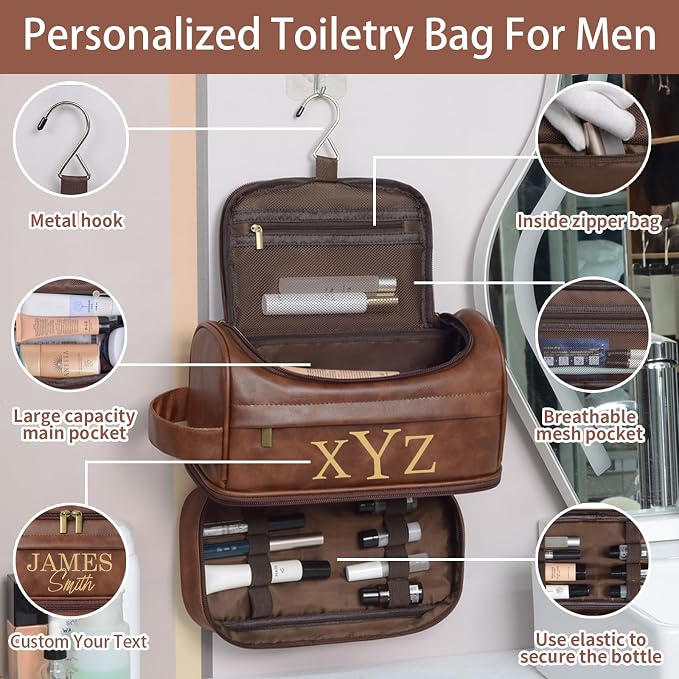 Personalized Toiletry Bag For Men, Large Capacity Travel Doop Kit, Vintage Color PU Leather, Custom Name Initials, Gifts for Dad, Husband, Boyfriend, Groomsmen, Birthday (Style 5) - Image 4