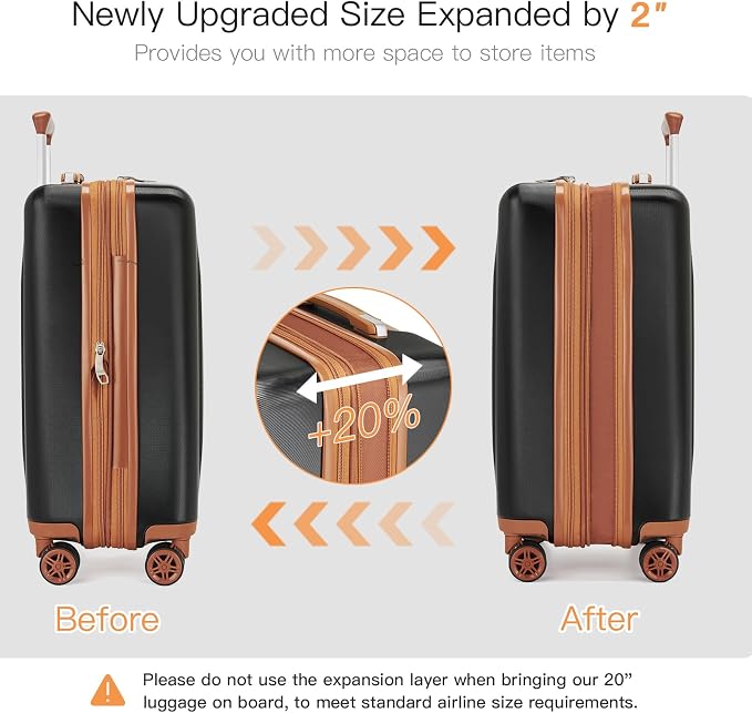 Kono Carry On Luggage 22x14x9 Airline Approved 20 Inch Expandable Suitcase | Lightweight Luggage with Quiet Spinner Wheels & TSA Lock, PC+ABS Hard Shell Suitcase for 1-3 Days Travel, Black & Brown - Image 5