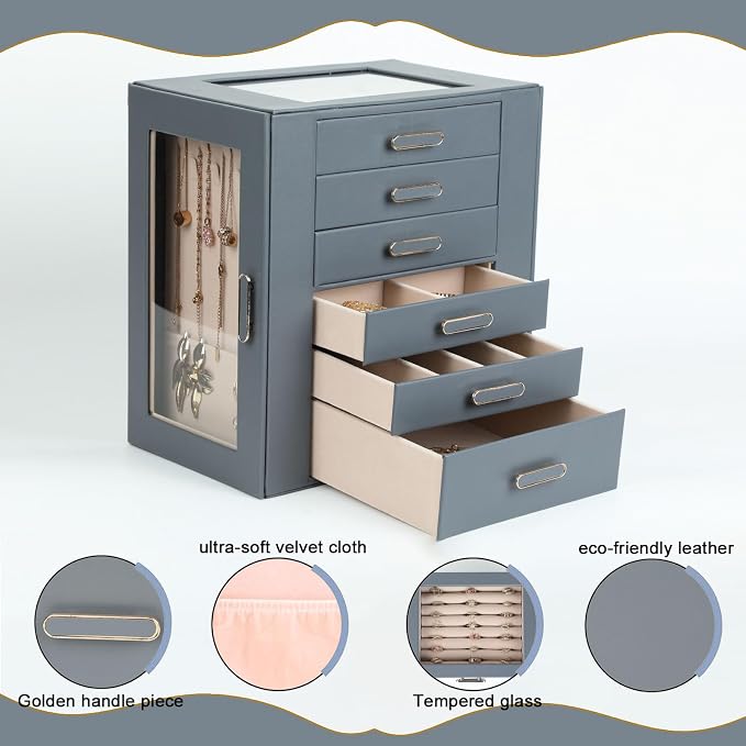 BOOVO Clear Lid Jewelry Box,6 Layers Jewelry Organizer Large Jewelry Storage Box with 6 Drawers,Jewelry Holder Organzier of Rings Earrings Necklace Bracelets for Women (Grey, 6 Layer) - Image 4