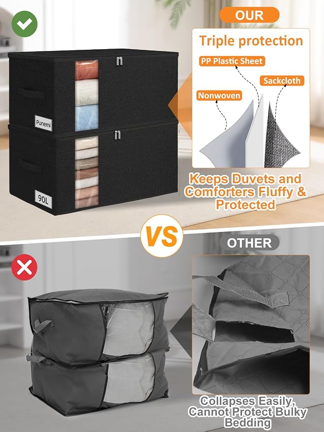 90L Blanket Storage Bags, Extra Large Comforter Storage Bag with Clear Window & Reinforced Handles, Stackable Bedding Organizer for Quilts, Duvets, Pillows, Seasonal Clothes，25.6x17.3x11.8in, Black - Image 3