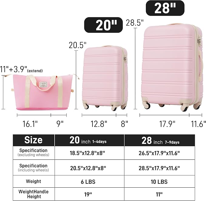Merax Luggage Sets 2 Piece Expandable Hardside Luggage with Travel Bag Suitcase Set with Spinner Wheels(20+28+bag,Light Pink-1) - Image 3