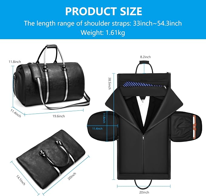Leather Garment Bags for Travel, Convertible Carry on Garment Duffel Bag for Men, 2 in 1 Waterproof Foldable Travel Suit Bag with Shoulder Strap Weekender Bag with Shoe Pouch - Image 4