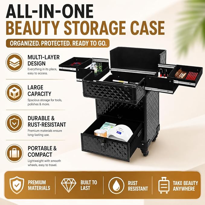 Rolling Makeup Case Cosmetic Train Cases 4 Tray with Sliding Rail Rolling Makeup Cart Cosmetic Trolley 3 Tier Travel Case Salon Barber Case for Makeup Tattooist Nail Tech Hairstylists - Image 3