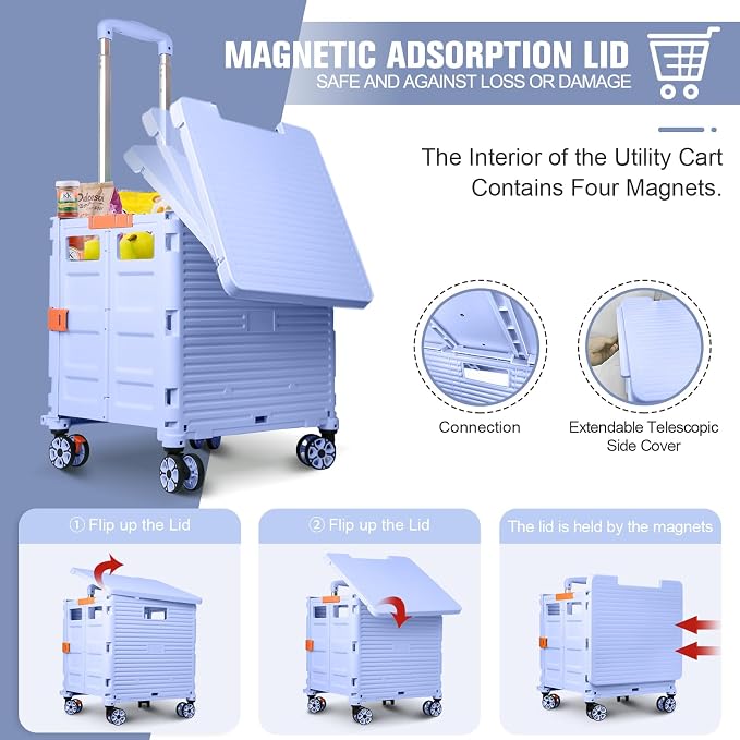 FELICON SELORSS Folding Utility Cart Portable Rolling Crate Handcart-Blue | Magnetic Sliding Lid,Telescoping Handle,Plastic Box Dolly,360°Swivel Wheels for Travel Shop Move Laundry Office Teacher Use - Image 2