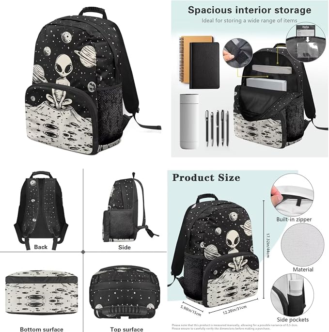 Mysterious Alien Backpack for Kids Boys Backpack with Lunch Box Large Pencil Case Water Bottle Carrier 4Pcs Set 17" Bookbag with Compartments for School Sturdy Elementary School Bag Gifts - Image 7