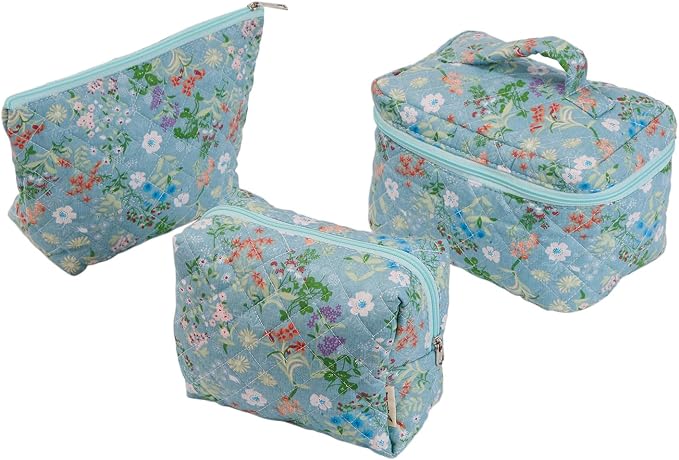 Wildflower Floral Quilted Cotton Cosmetic Zipper Pouch, Large Capacity Makeup Accessories Storage Bag for Women Girls, Aesthetic Coquette Travel Toiletry Organizer (Set of 3) by Sparkle+Being