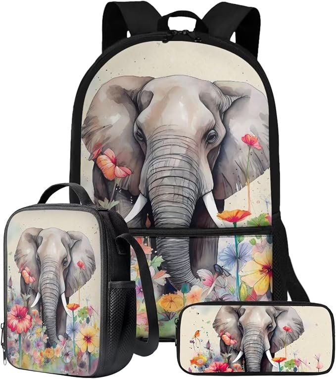 Backpack Set for Student Retro Floral Elephant Print Schoolbag Large Capacity Bookbag Lunch Kits Pencil Case 17 Inch Travel Laptop Backpacks Rucksack Fashion Daypack for Outdoor by ZIATUBLES
