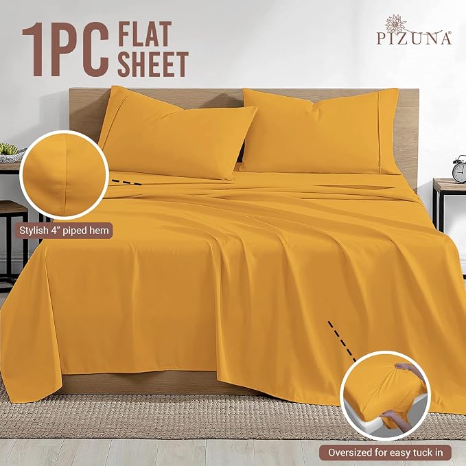Pizuna Pure 100% Cotton Flat Sheets Only Queen Honey Gold (1 PC), Luxurious 400 Thread Count Long Staple Cotton Sateen with 4" Hem (Combed Queen Flat Sheet Only Cotton) - Image 3