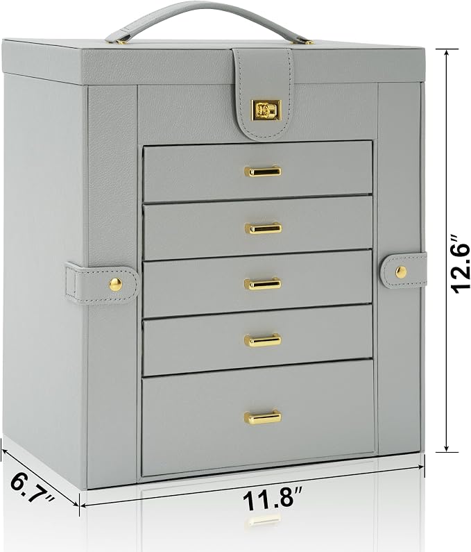 AKOZLIN 6-Tier Jewelry Box Organizer Functional 5 Drawers Leather Jewelry Storage Case for Women Girls Ring Necklace Earring Bracelet Holder Organizer with Mirror Extra Large Grey - Image 6