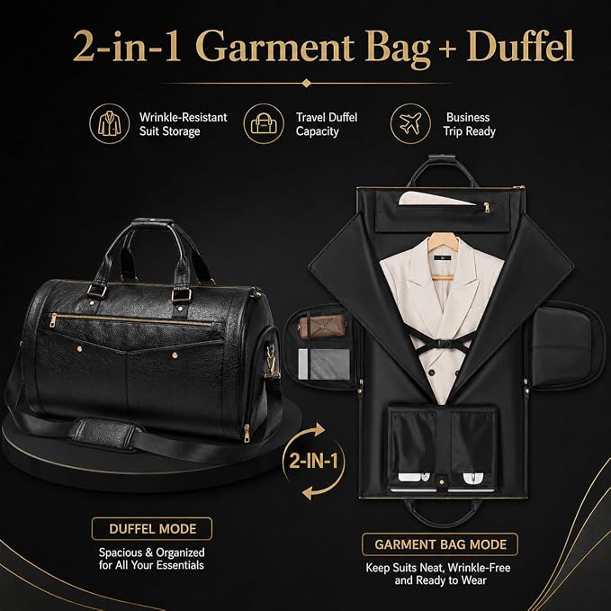 Garment Bag for Travel, Convertible Suit Garment Bag for Men, Stylish Carry On Garment Bag with Shoulder Strap, 2 in 1 Foldable PU Leather Garment Duffle Bag Suit Travel Bag for Men, Black - Image 2