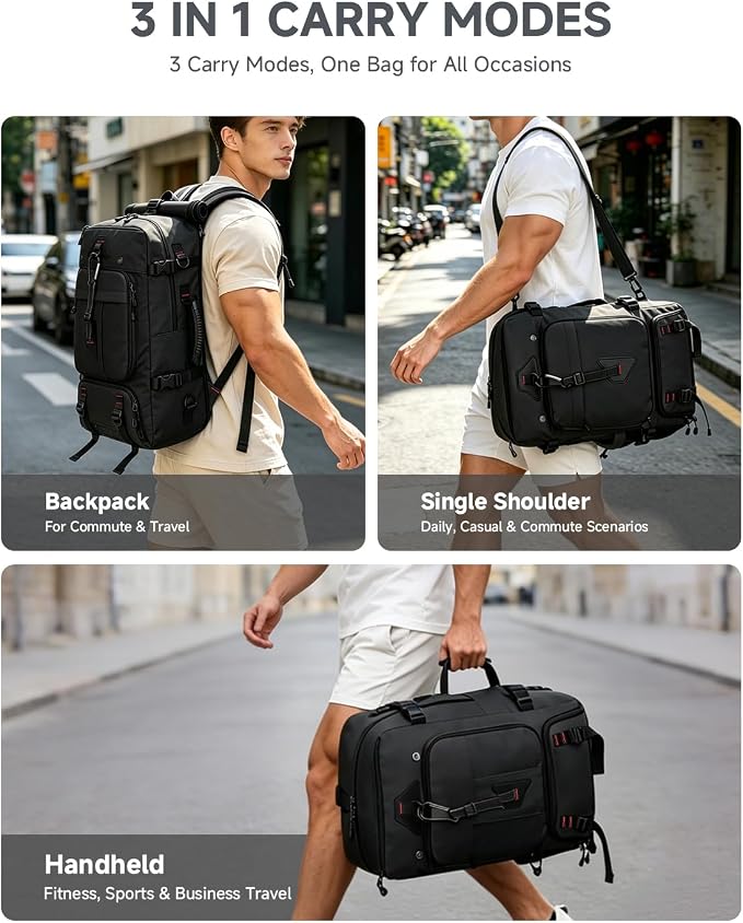 Travel Backpack for Men, 40L Carry on Backpack For Camping,Weekender Black | Large Carry On, Convertible Duffle Bag, Shoe Compartment, Fits 16 Inch Laptop, Durable - Image 2