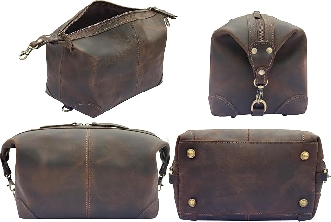 RUSTIC TOWN Full Grain Leather Toiletry Bag for Men & Women – Handcrafted Travel Dopp Kit – Large Water-Resistant Makeup & Shaving Organizer, Hunter Brown - Image 4