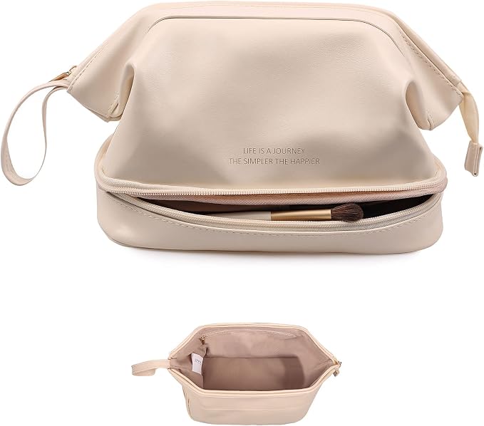Abiudeng Large Capacity Makeup Bag Ladies Cosmetic Bag Travel Bag with Compartments Portable PU Leather Travel Makeup Bag with Handle by Abiudeng