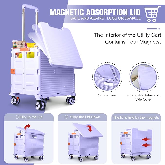 FELICON SELORSS Folding Utility Cart Portable Rolling Crate Handcart-Purple | Magnetic Sliding Lid,Telescoping Handle,Plastic Box Dolly,360°Swivel Wheels for Travel Shop Move Laundry Office Teacher Use - Image 2