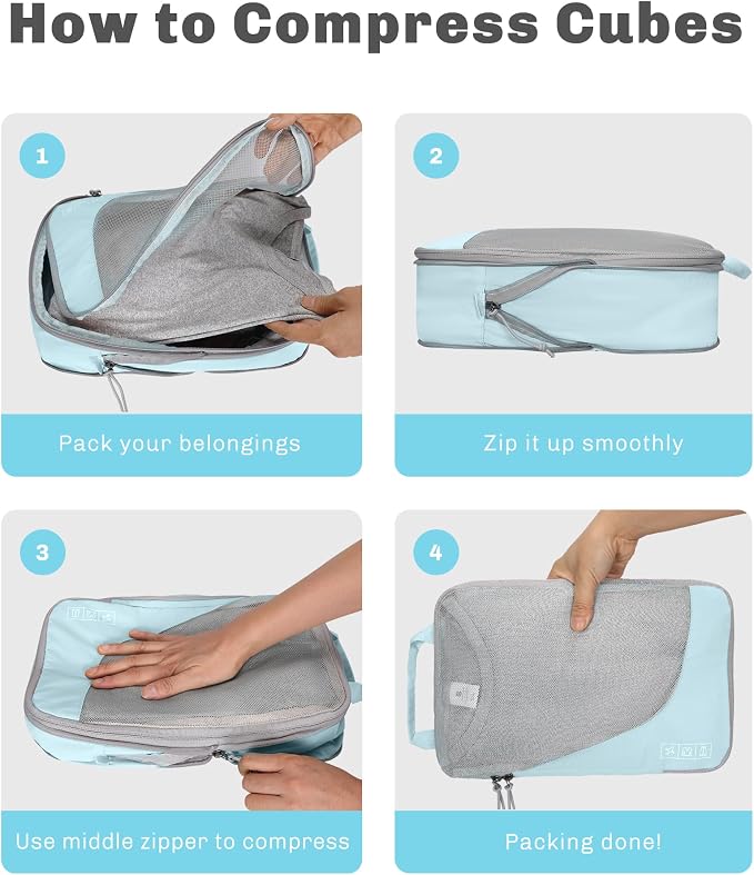 Hynes Eagle 6 Set/ 4 Set/ 2 Set Compression Packing Cubes Travel Essentials Lightweight Nylon Luggage Suitcase Organizer Bag Light Blue 4PCS - Image 6
