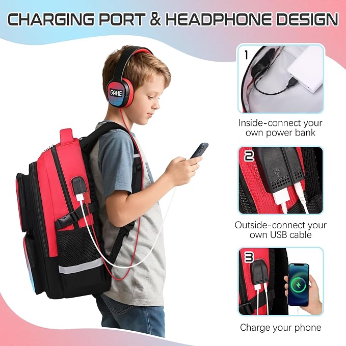 Gamer Backpack for Boys , 3PCS Boys Backpack with Lunch Box & Pencil Pouch, Waterproof School Bags for Boy Kids Children Teens, Elementary Middle School, Kids Book Bag Casual Daypack (Red Black) - Image 6