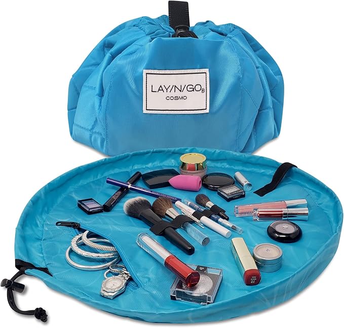 Lay-n-Go Cosmo Layflat Drawstring Cosmetic & Makeup Bag Organizer w/Zipper Pocket, Brush Loops & More, Cinch to Close, Lay Flat to Use, Durable, Machine Wash, Travel Toiletry Bag (20", Ocean Blue) by Lay-n-Go
