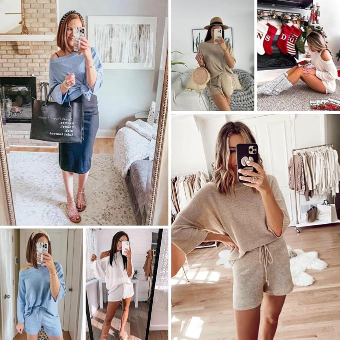 Ermonn Womens 2 Piece Outfits Sweater Sets Off Shoulder Knit Tops Waist Short Suits Casual Pajama Set - Image 4
