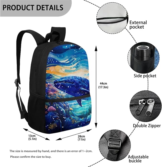 Backpack Set for Student Sea Dolphin Print Large Capacity Schoolbag Lunch Box Pencil Case 17 Inch Travel Laptop Backpacks Lightweight Rucksack Casual Daypack for Outdoor - Image 2