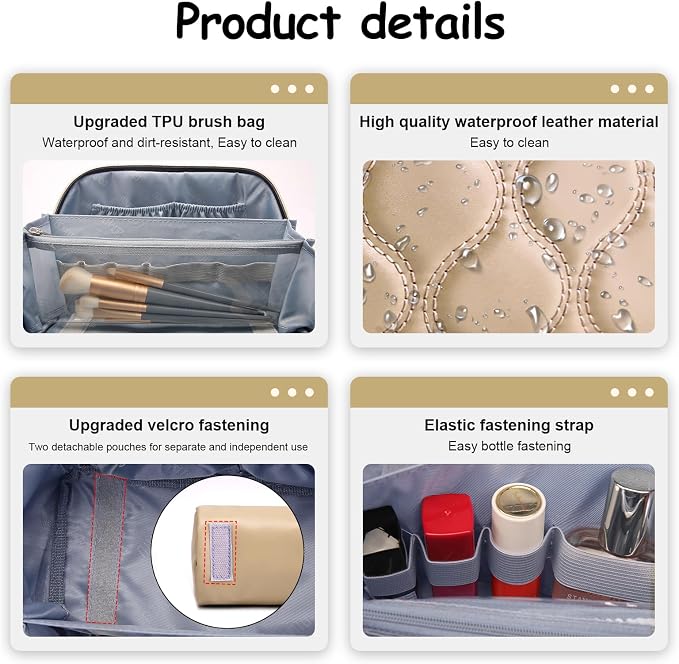 BOYATU Travel Makeup Bags for Women Cosmetic Bag: Puffy Make up Bags Set of 3 - Vegan Leather Makeup Organizer - Waterproof Large Toiletry Bag with Compartments - Travel Essentials (H-2-Khaki) - Image 4