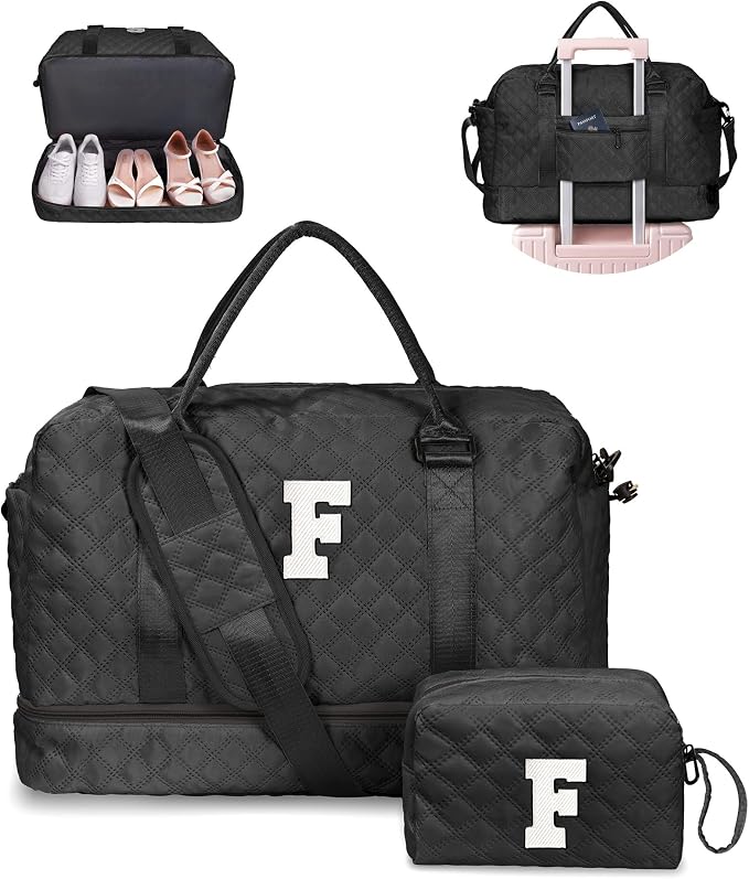 Gifts for Teen Girls-Initial Duffle Bag with Shoe Compartment, Personalized Weekender Bag, Monogram Overnight Bag, Letter Travel Bag with Makeup Bag，Personalized Gifts (Letter F) by Vogewood