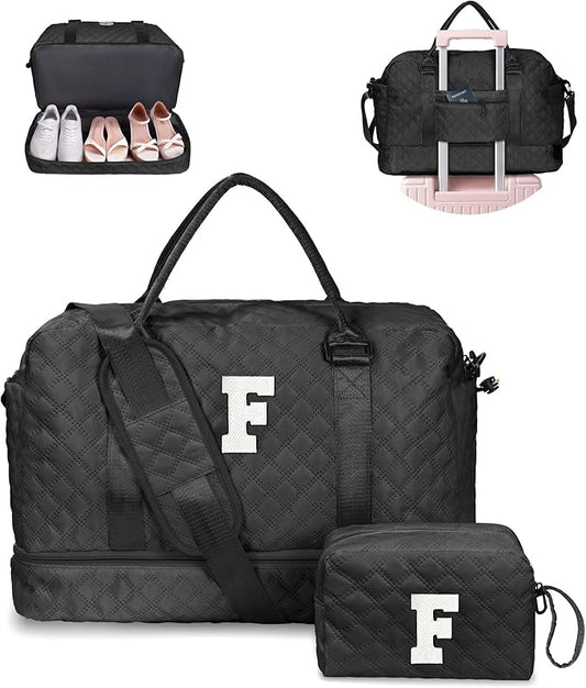 Gifts for Teen Girls-Initial Duffle Bag with Shoe Compartment, Personalized Weekender Bag, Monogram Overnight Bag, Letter Travel Bag with Makeup Bag，Personalized Gifts (Letter F) by Vogewood