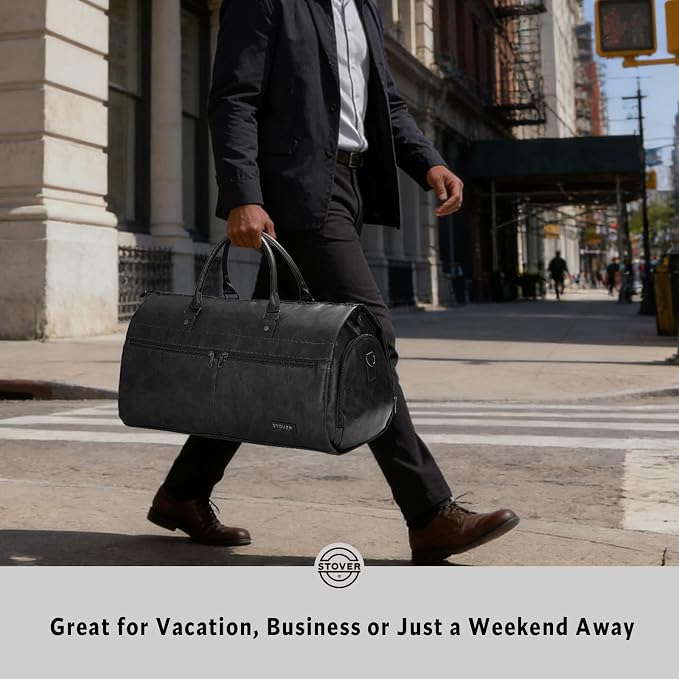 STOVER Garment Travel Duffle Bag, Large 2-in-1 Convertible Carry-on Luggage for Men & Women- Hanging Suits, Dresses & Clothes + Shoe Compartment- Weekender Tote Combo Duffel (Black Leatherette) - Image 6
