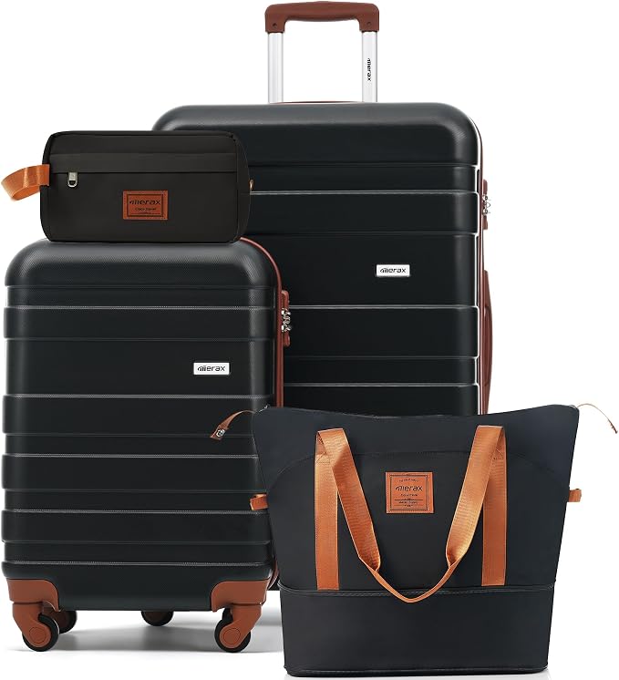 4-Piece Luggage Set, Suitcase with TSA Lock Travel Duffel Bag Wet-Dry Toiletry Bag, Black by Merax