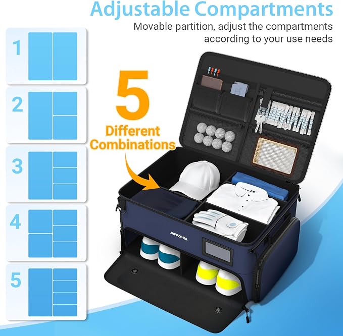 4-Layer Golf Trunk Organizer, Golfer Gifts for Men Women with Separate Ventilated Compartment for 2 Pairs Shoes, Waterproof Car Golf Locker Storage Bag for Golf Gear and Accessories,Blue - Image 5