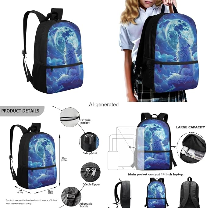 Wolf Backpack for Girls Boys Backpack with Lunch Box Water Bottle Bag and Big Pencil Pouch 4 Pcs Set 17" Lightweight Bookbag with Front Pocket for School Sturdy School Bag for Kids Elementary - Image 3