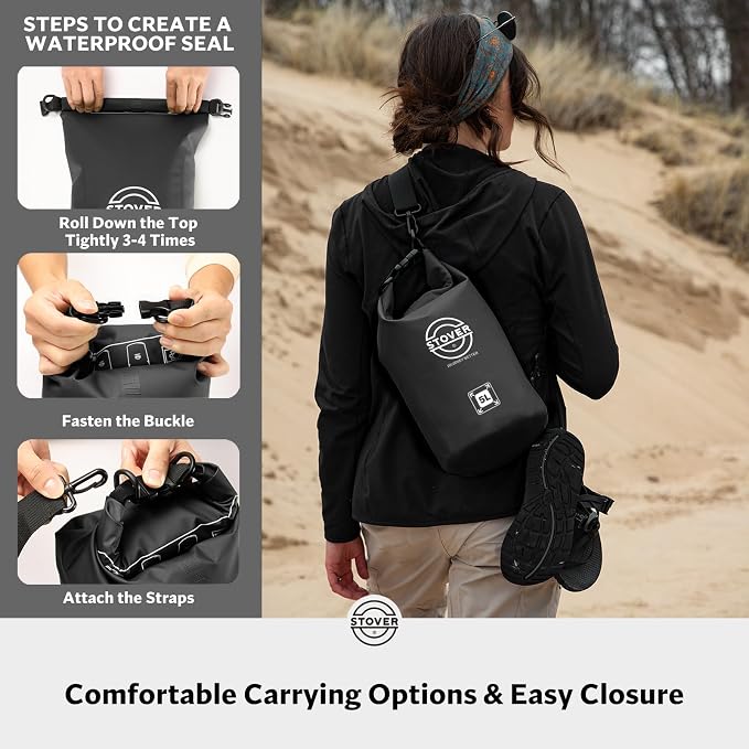 STOVER 5/10/25/30/40L Waterproof Dry Bag, Small Lightweight Roll Top Dry Bag Backpack w/Waterproof Phone Case, Kayaking, Travel, Hiking, Fishing, Tubing, Camping, the Beach, Men/Women (Black) - Image 5