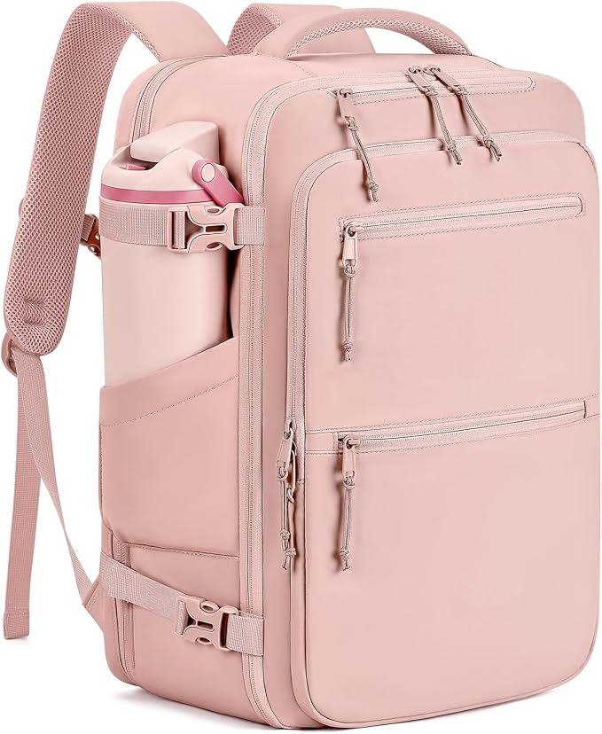 mibasies 40L Travel Backpack for Women & Men: Carry On Luggage Flight Approved, TSA Laptop Backpack with Water Bottle Pocket, Personal Item Bag Fits 17" Laptop for Weekender Business - Pink by mibasies
