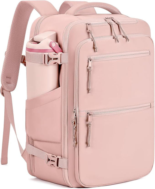 mibasies 40L Travel Backpack for Women & Men: Carry On Luggage Flight Approved, TSA Laptop Backpack with Water Bottle Pocket, Personal Item Bag Fits 17" Laptop for Weekender Business - Pink by mibasies