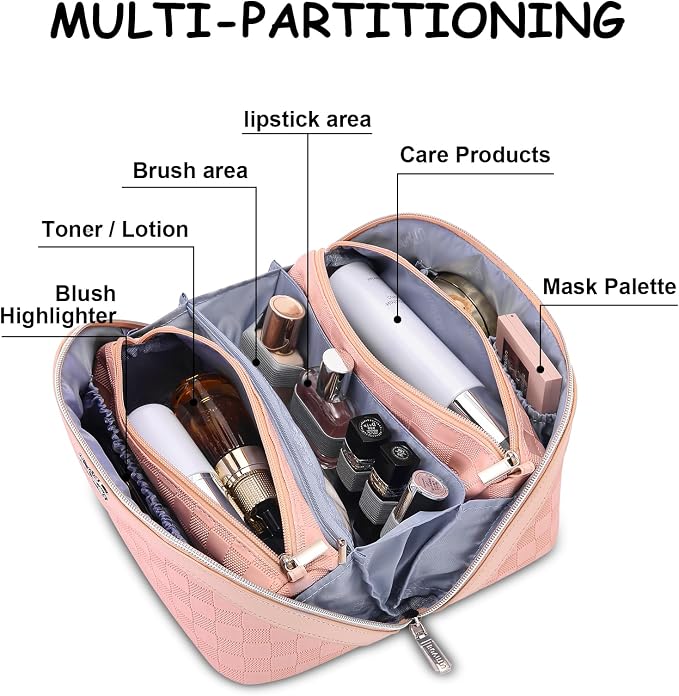 BOYATU Travel Makeup Bags for Women: Sweet Pink Checkered Large Capacity Cosmetic Bag - You Deserve a Little Sweetness Every Day - 3 Pcs Toiletry Organizer Holds 10-20 Full-Size 50-100ML Bottles - Image 6
